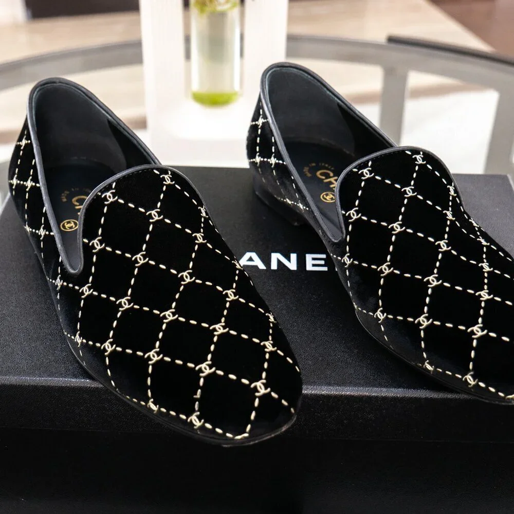 Chanel Black Velvet Diamond CC Patterned Moccasin Loafers | Size 8 | UK 38